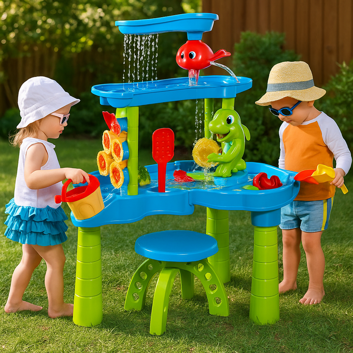 Sensomotorischer Wasserspieltisch mit Kaskaden-Wasserfall, fördert Entwicklung & kreatives Spielen im Garten.