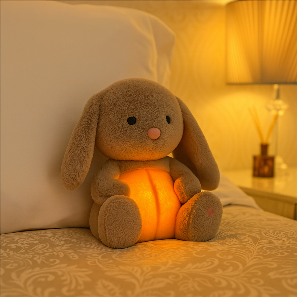 Kind entspannt mit weichem Plüschtier (Koala/Kaninchen), beruhigendes Licht & Klänge für besseren Schlaf & Stressabbau.
