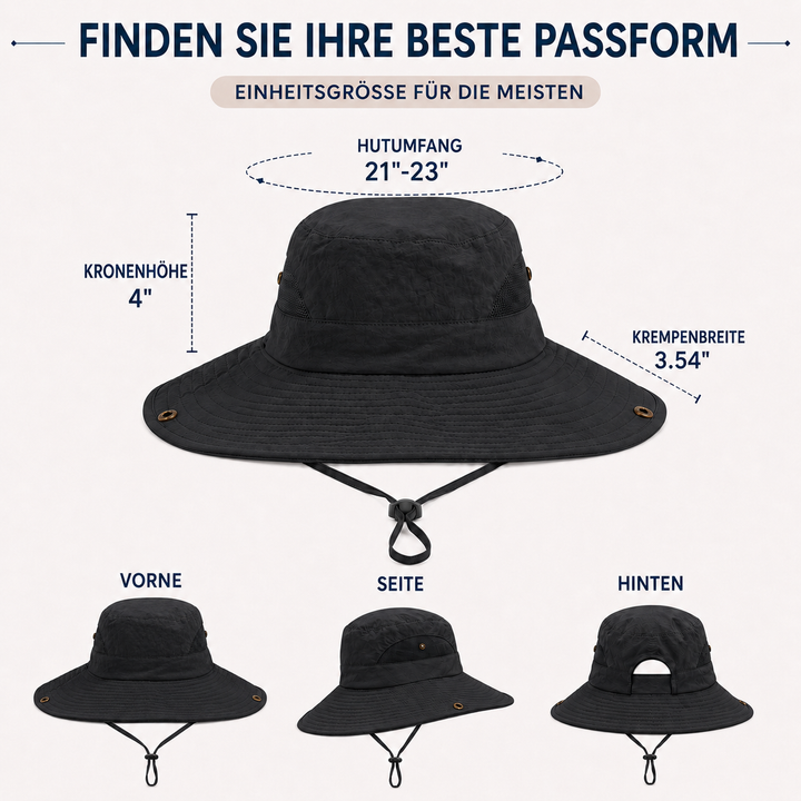 Unisex Strandhut mit breiter Krempe. Atmungsaktiv & schnelltrocknend. Zuverlässiger UV-Schutz.