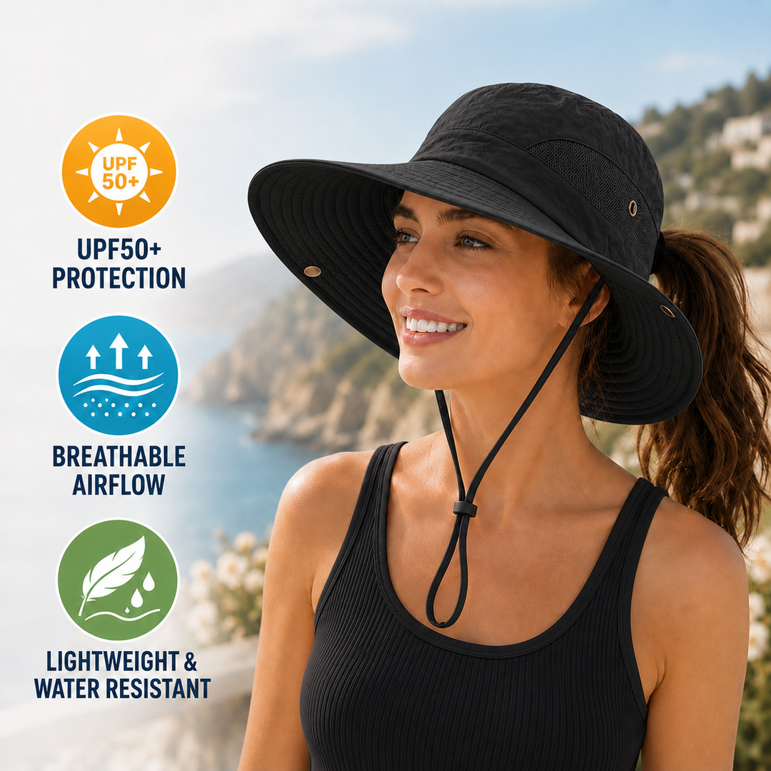 Breiter Unisex Sonnenhut für Sommer & Outdoor. Faltbar, leicht & atmungsaktiv. Perfekter UV-Schutz.