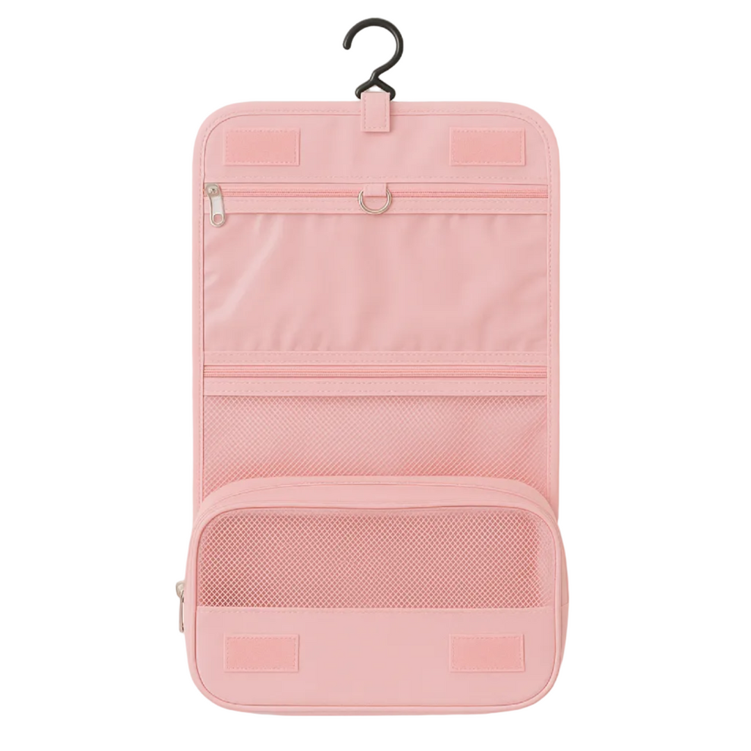 Vielseitige Damen Reise Kulturbeutel in Rosa, Schwarz, Grau mit transparenten Fächern.