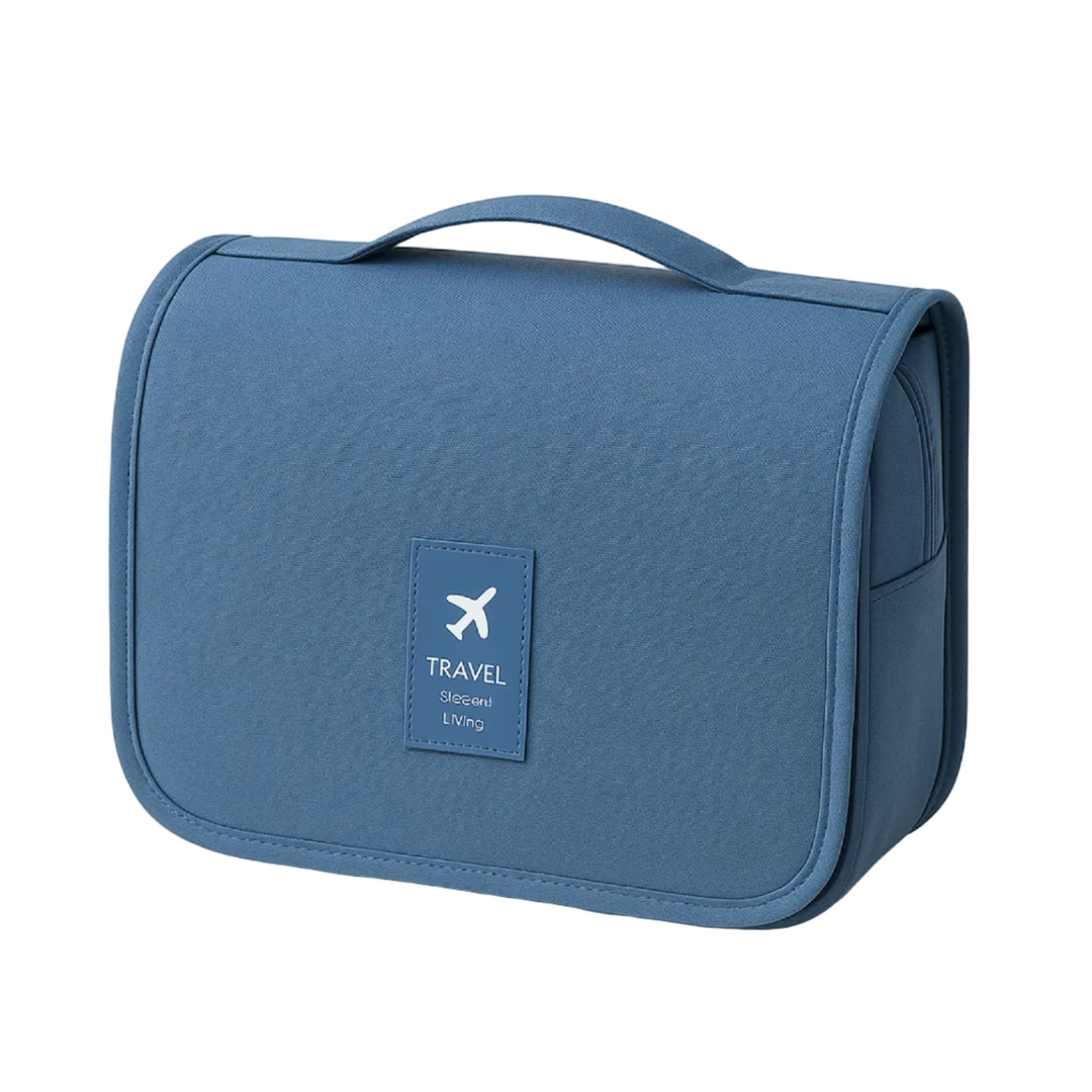 Kompakte Damen Reise Kosmetiktasche, faltbar, mit transparenten Fächern für Pflegeprodukte.