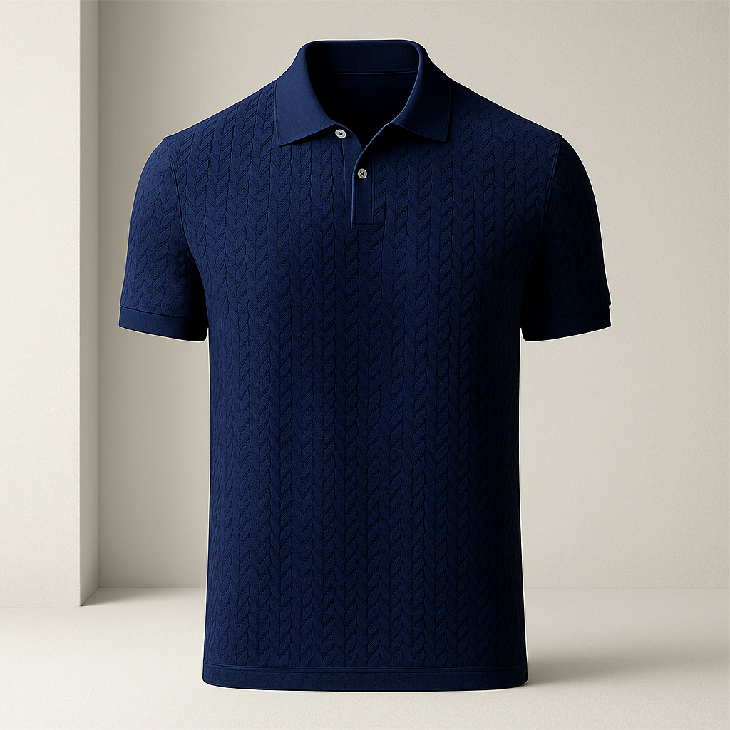 Nahaufnahme des eleganten Fischgrätenmusters auf dem hochwertigen Herren Poloshirt; detaillierte Optik.