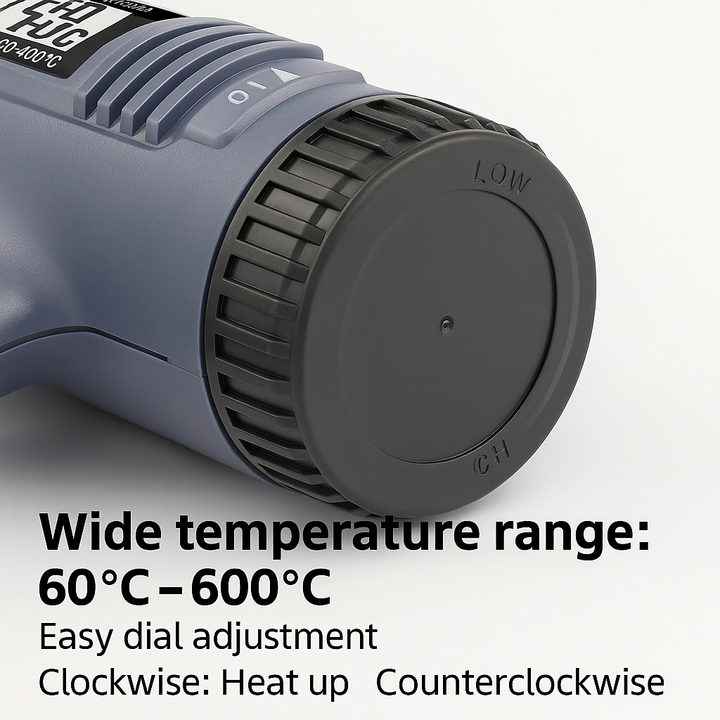 Modernes 2000W Heißluftgebläse für Industrie und DIY, mit einstellbarer Temperatur und klarer LCD-Anzeige.