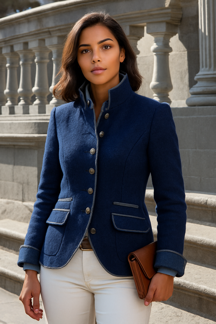 Stilvolle Damenstrickjacke mit elegantem Stehkragen, ideal für ein schickes Bürooutfit oder Freizeit.