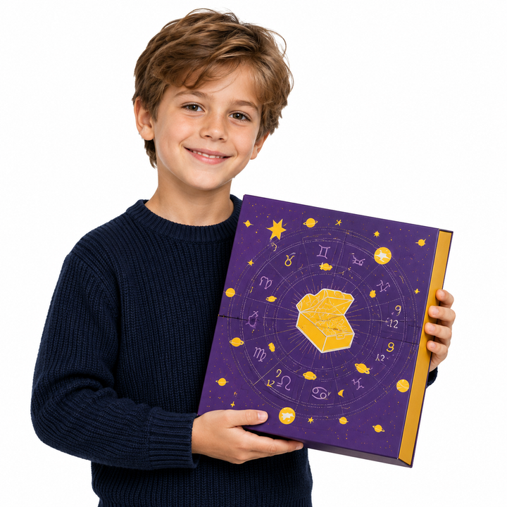 Lila Halloween Kristallkalender mit 31 Fächern und Edelsteinen, perfekt für den Oktober-Countdown.
