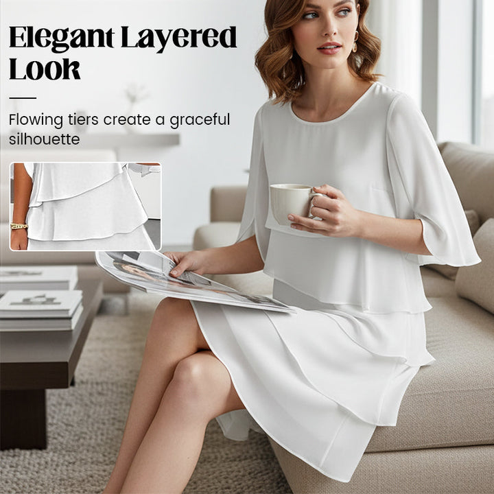 Weißes Damen Schichtkleid mit Puffärmeln. Elegantes modernes Kleid für Frauen.