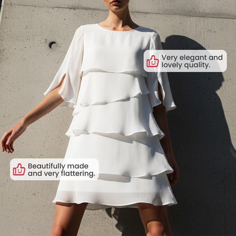 Blaues Damen Schichtkleid mit Puffärmeln. Stylisches Freizeit- und Sommerkleid.