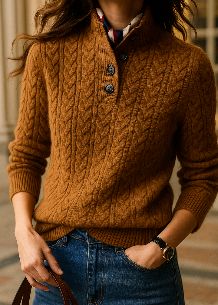 Eleganter Damen Zopfstrickpullover mit Rollkragen in Grau, perfekt für Winter & Büro.