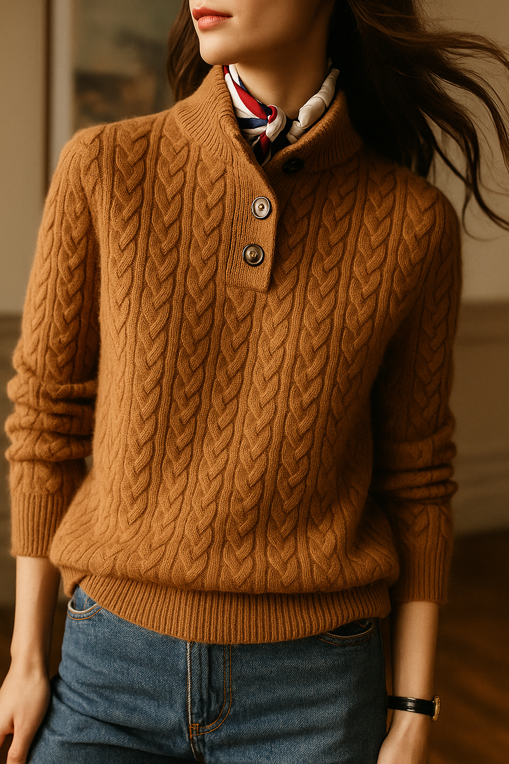Stylischer olivgrüner Damen Zopfstrickpullover mit elegantem Rollkragen & Langarm.