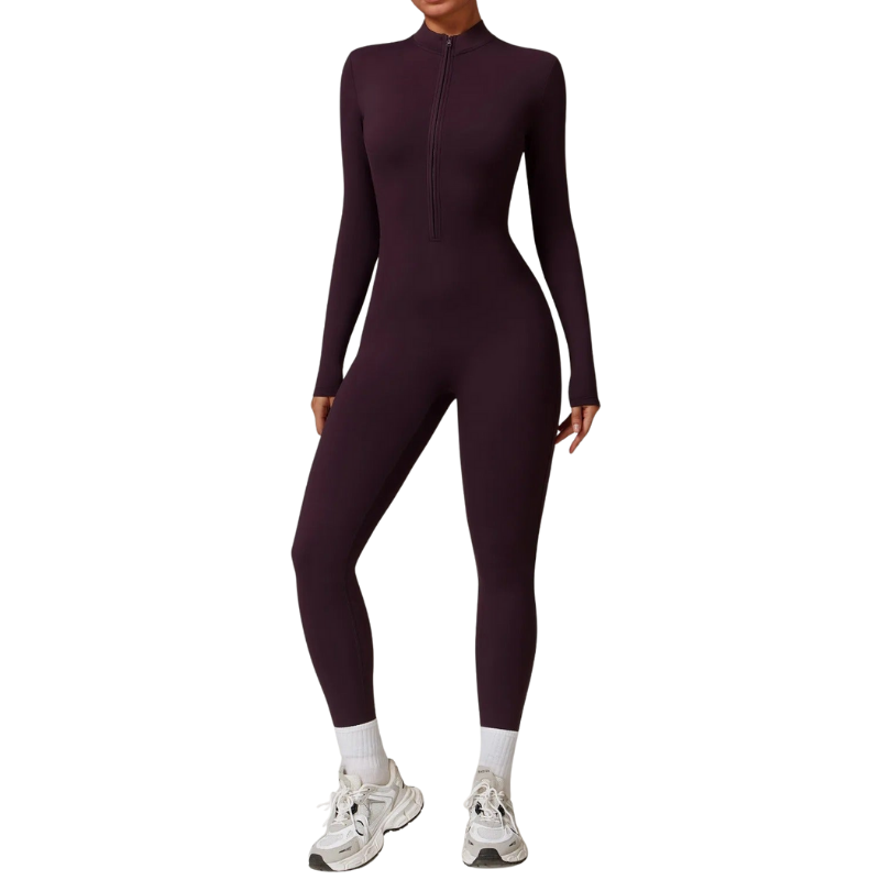 Damen Langarm Jumpsuit mit hohem Kragen und Reißverschluss, sportlich elegant für den Alltag.