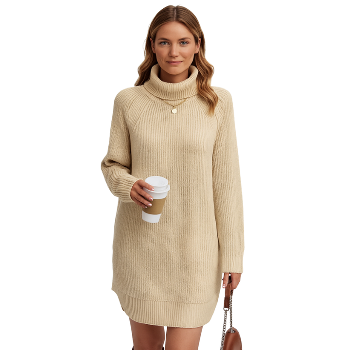 Elegantes Damen Strickkleid Amira, knielang, mit langen Ärmeln, perfekt für Büro & Freizeit.