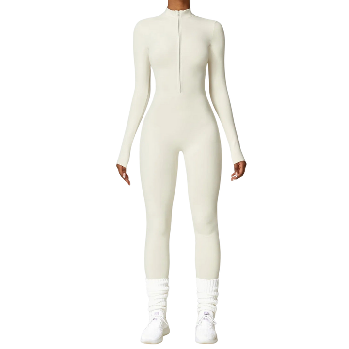 Damen Mode Jumpsuit mit langen Ärmeln, Reißverschluss und hohem Kragen, sportlich-eleganter Look.