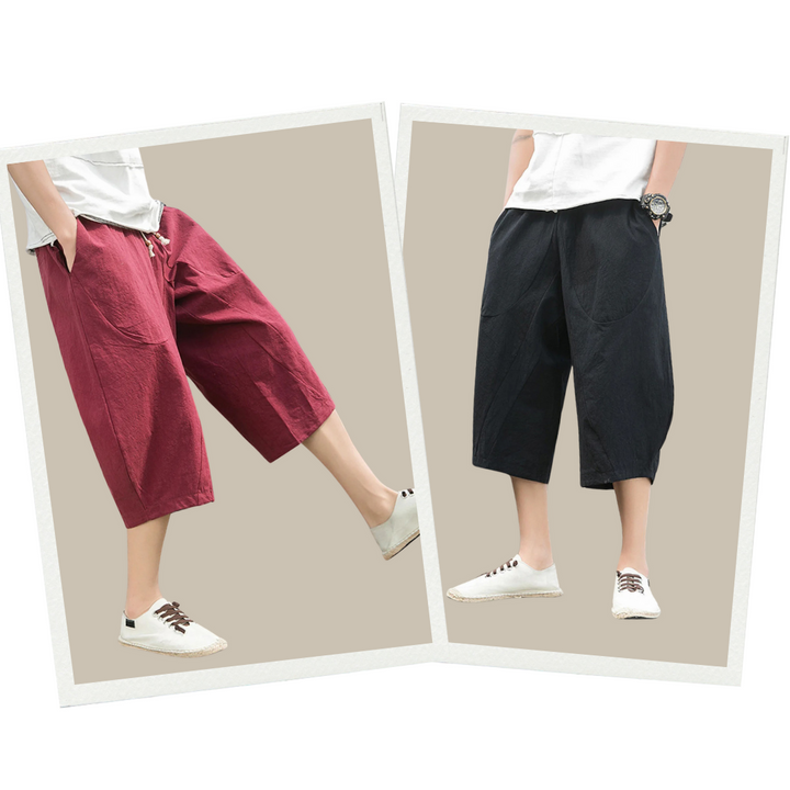 Moderne Herren Dreiviertelhose im Sommerstil. Kurze, stylische und bequeme Sommerhose für Männerkleidung.