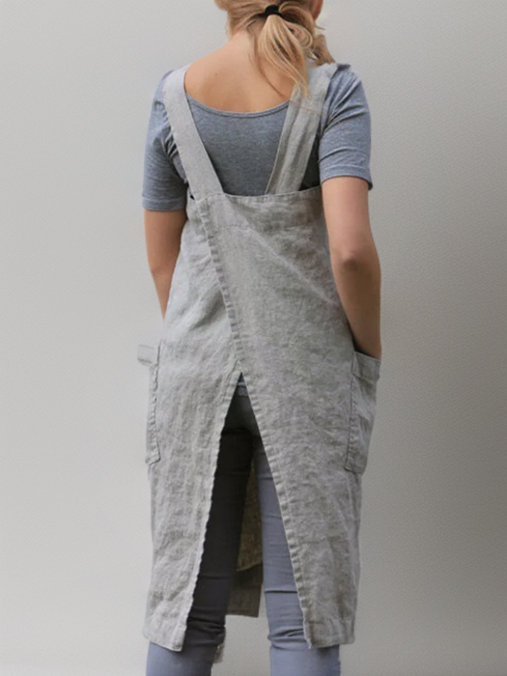 Stilvolle Damen Kreuzträger Pinafore Schürze in meliertem Design; ideal als Kochschürze oder Bastelschürze.