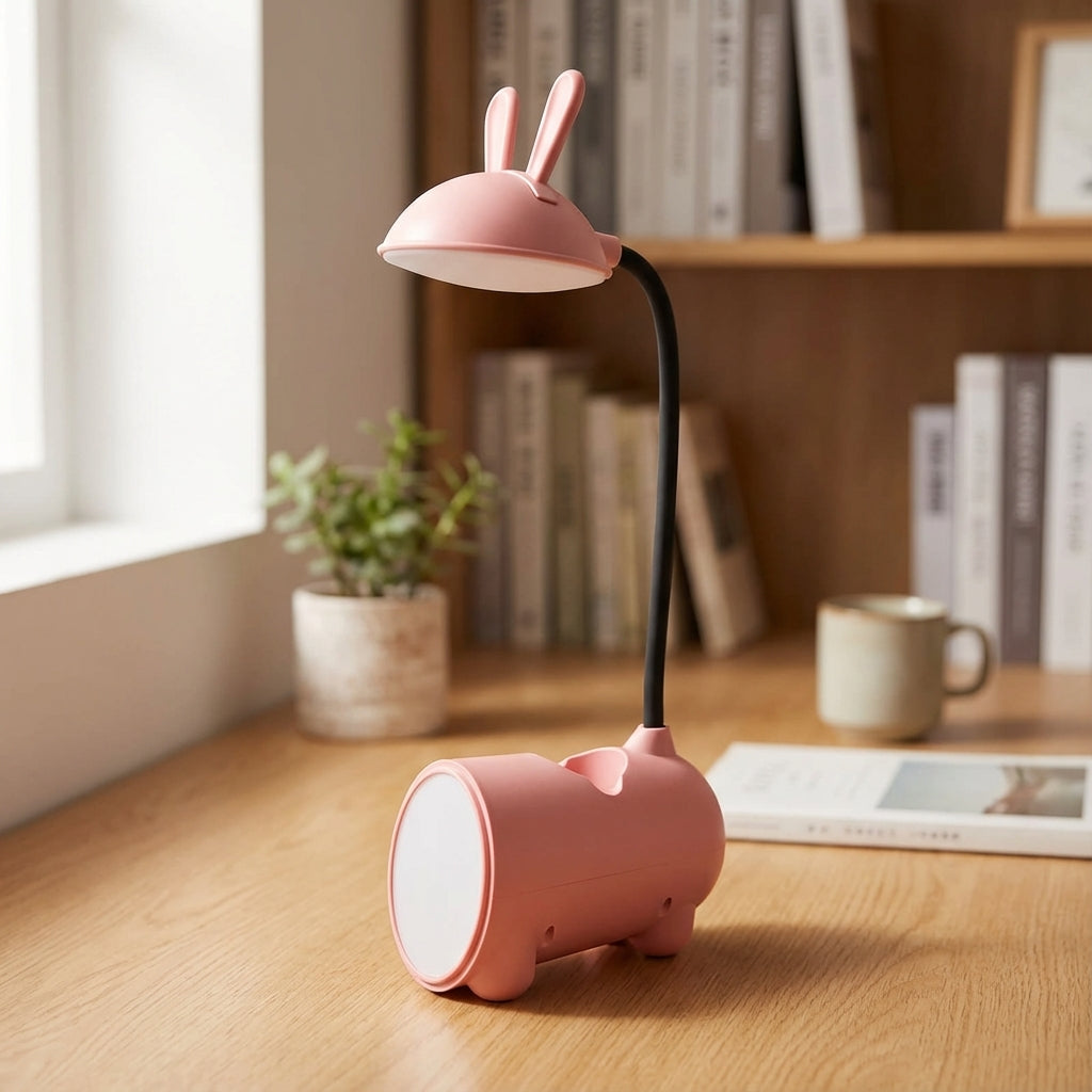 Niedliche LED-Schreibtischlampe Bunniva mit flexiblem Hals und praktischem Stifthalter für Kinder und Studium.