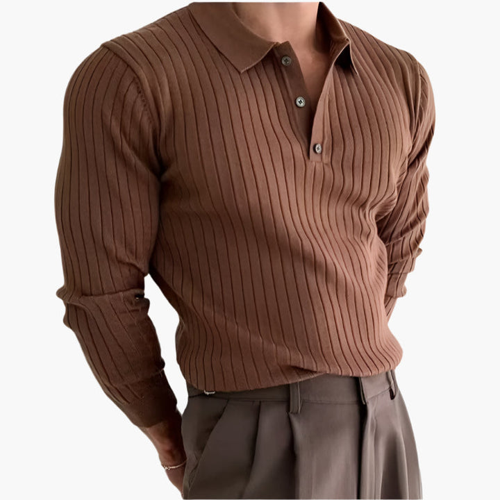 Elegantes Herren-Langarm-Poloshirt: Rippstruktur, Knopfleiste, Strick. Perfekte Herrenmode für Business & Casual.