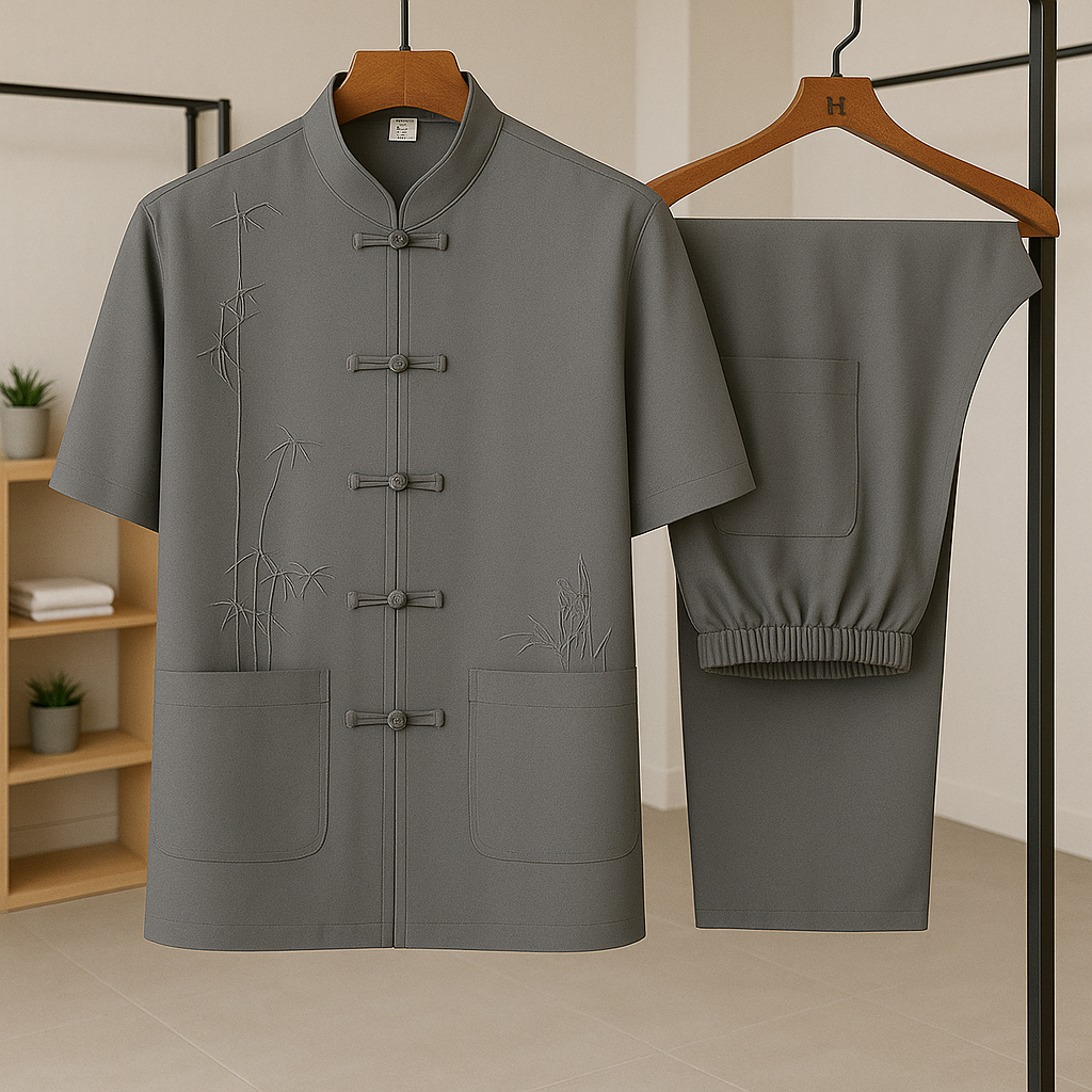 Traditionelles Herren Sommer-Set in Tiefasche, bestickt, mit Knotenverschluss. Moderner Freizeitanzug.