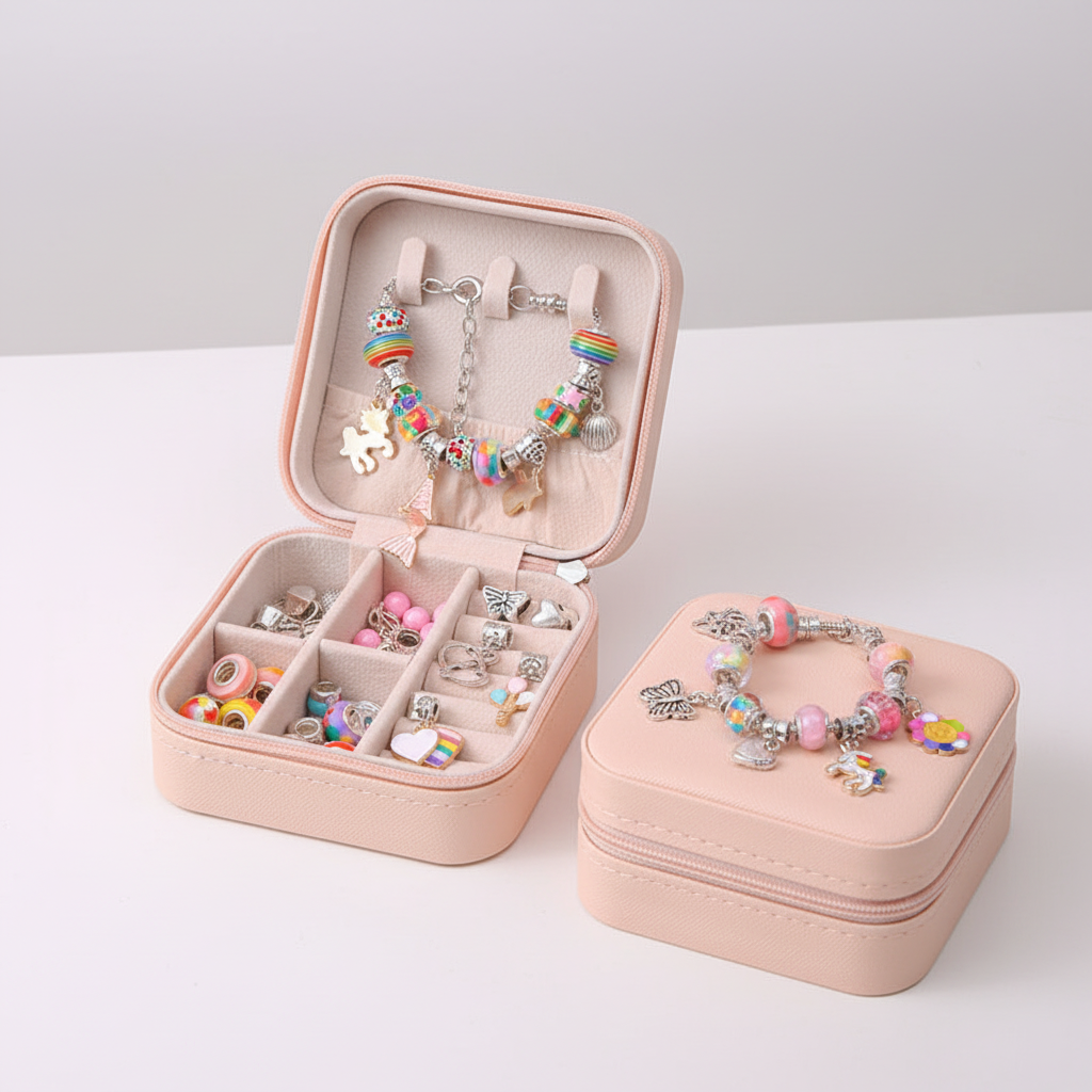 Einfaches DIY Schmuck Bastelset für Kinder, mit bunten Perlen zum Gestalten eigener Armbänder.