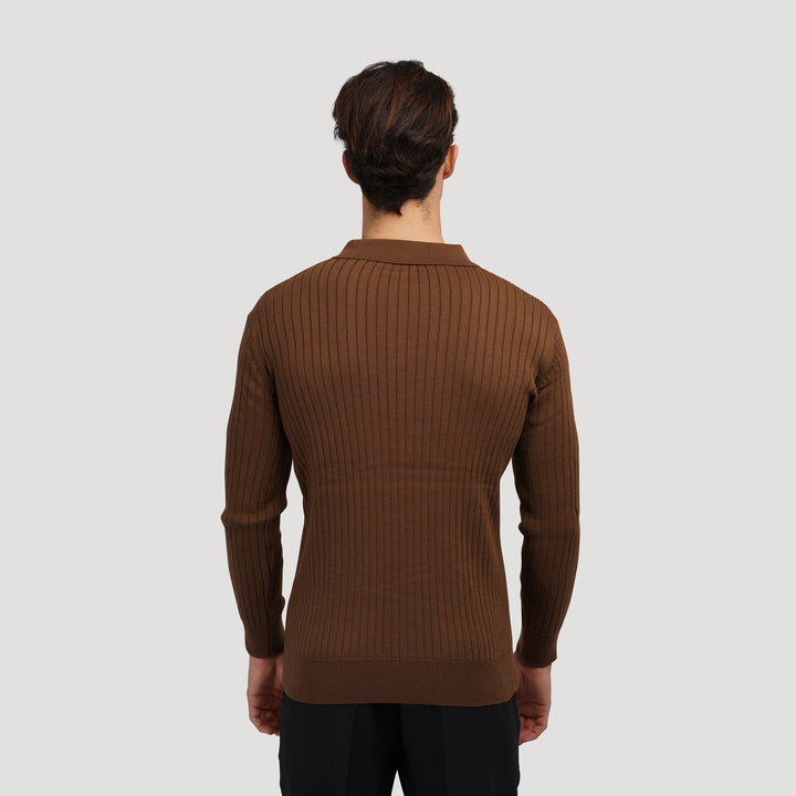 Gefaltetes Herren-Langarm-Poloshirt. Eleganter Strickpullover mit Rippstruktur und Knopfleiste bereit zum Tragen.