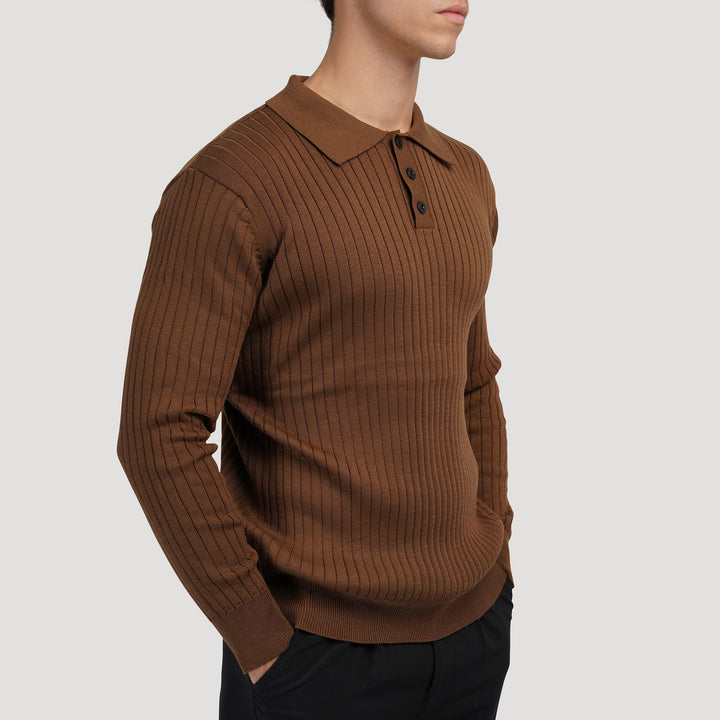 Hochwertiges Herren-Strick-Poloshirt Langarm. Eleganter Pullover mit feiner Rippstruktur und Knopfleiste.