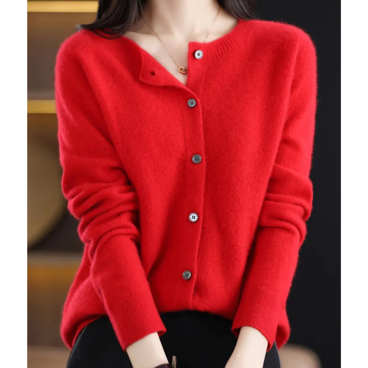Gestrickter Damen Strick-Cardigan mit V-Ausschnitt & Knopfleiste, warme Wintermode.