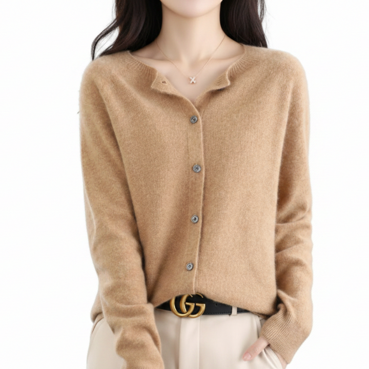 Damen Strick-Cardigan in Grau, V-Ausschnitt, Knopfleiste, warme Herbst-Winter-Mode.
