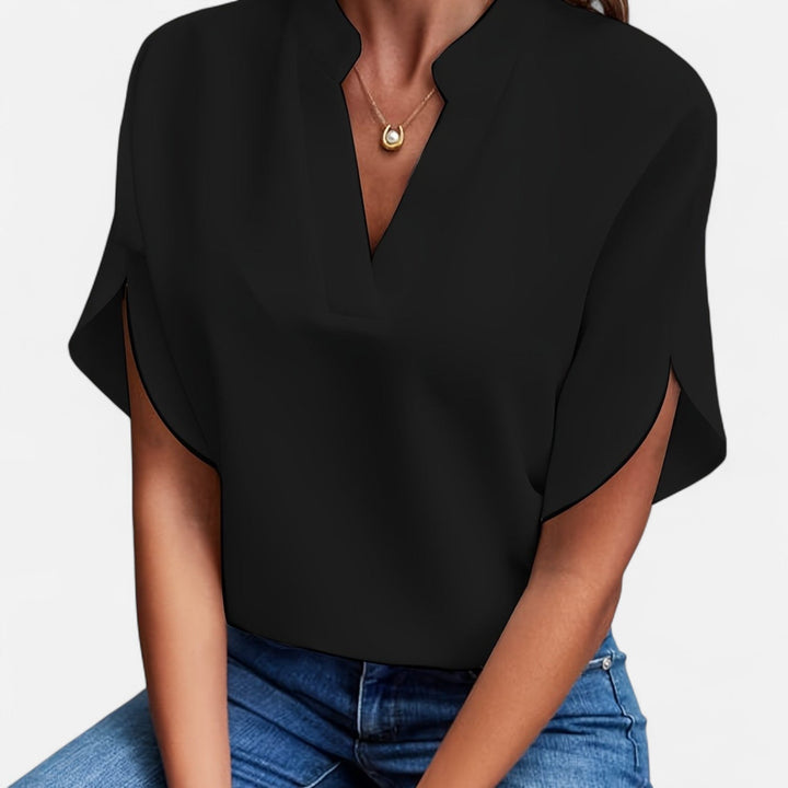 Vielseitige Frühlings-/Sommerbluse für Damen mit eleganten ausgestellten Ärmeln. Moderner Alltagschic.