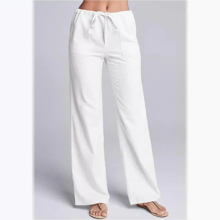 Damen Freizeithose mit Kordelzug, leicht & bequem. Lässiger Stil, gerades Bein, seitliche Taschen. Ideal für den Sommer.