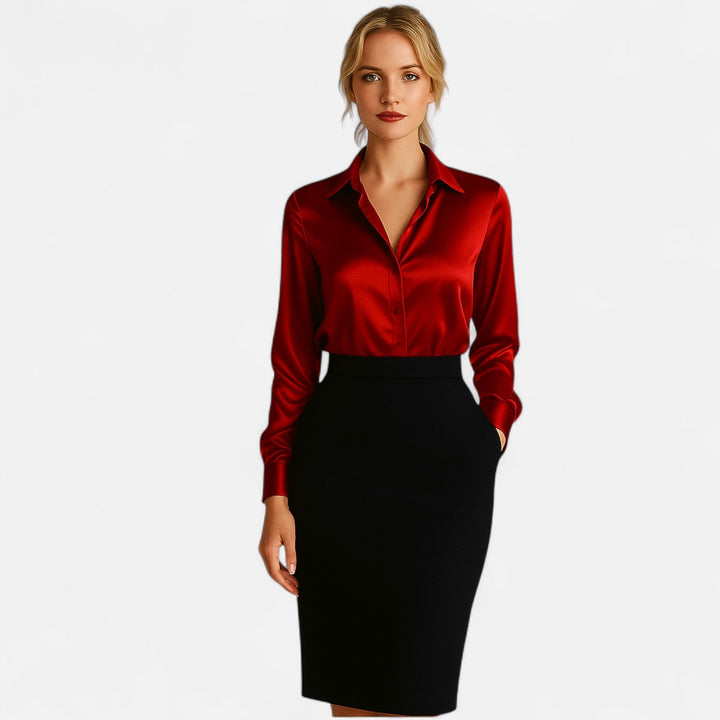 Elegante Damen Langarmbluse Clara, fließend & mit Glanz-Finish. Stilvoll für Büro, Freizeit & Abend.