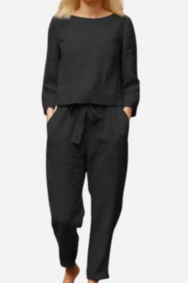 Edles Damen Freizeit- & Büro Outfit: Zweiteiler mit Langarmshirt & schmaler Hose in Leinen Optik.