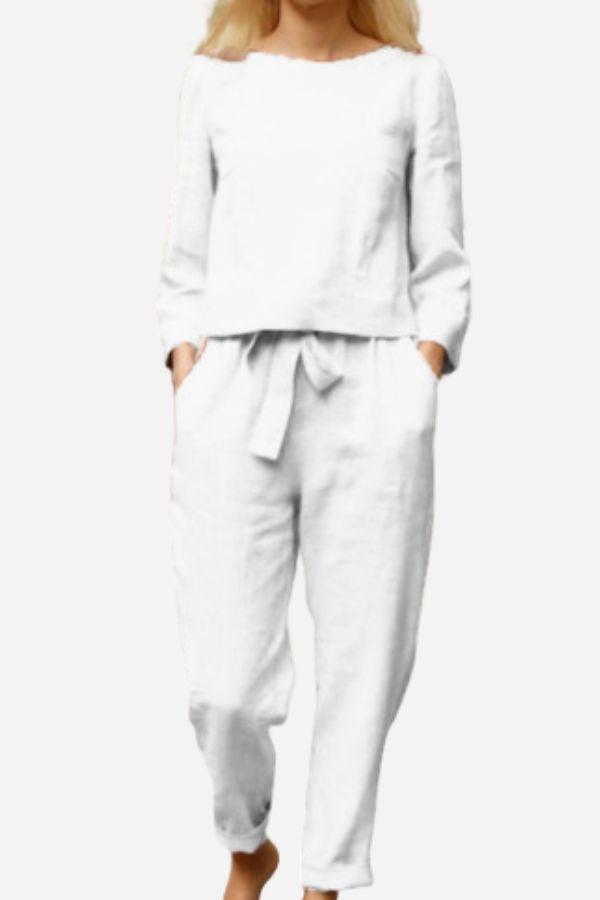 Damen Langarmshirt & Hosen Set im modernen Leinen-Look. Ideal als bequemes Frühlings- und Sommer-Outfit.