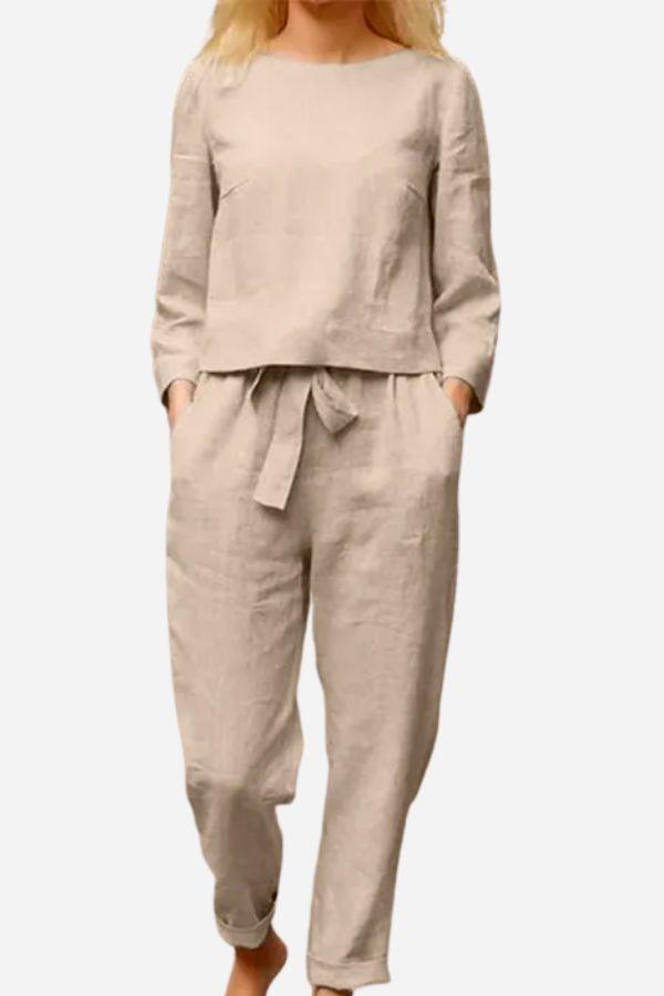 Damen Modernes Langarmshirt & Hosen Set in Leinen Optik, ideal für stilvolle Sommer- & Frühlingsmode.