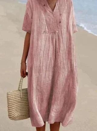 Vielseitiges Damen Sommerkleid in Midi-Länge mit V-Ausschnitt & Kurzarm. Ideal als Strand- oder Freizeitkleid.