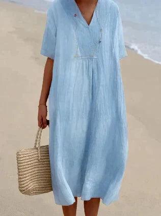 Damen Sommerkleid V-Ausschnitt Kurzarm. Lockeres Freizeitkleid, ideal für Strand & Urlaub.