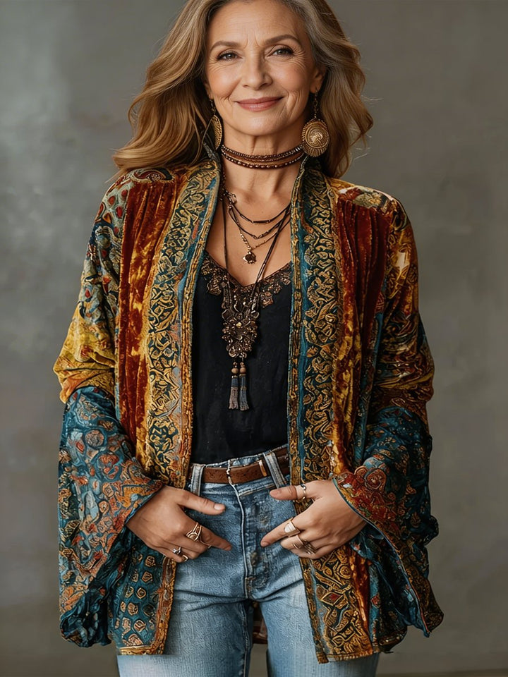 Elegante Damen Boho Steppjacke im Vintage Kimono-Stil, locker geschnitten für Frühling & Sommer.