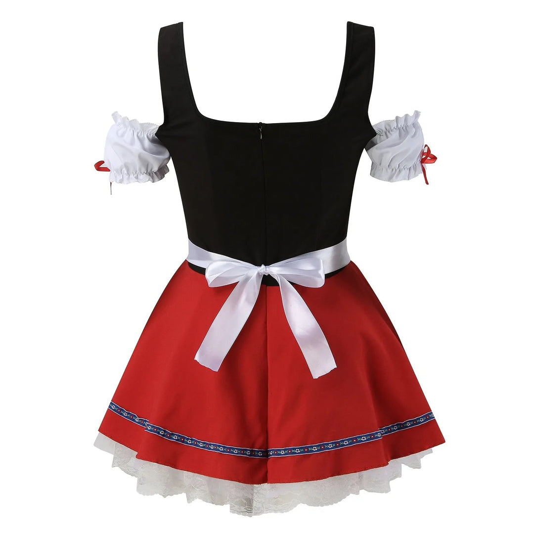 Sommerdirndl für Damen in Rot, mit passender Schürze, stilvoll für festliche Anlässe und Oktoberfest.