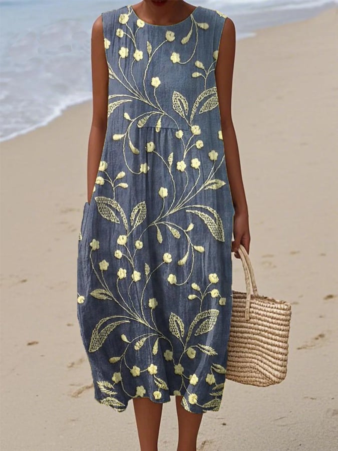 Elegantes, leichtes Damen Blumen Sommerkleid, ärmellos, mit farbigem Blumenprint, ideal für festliche Anlässe.