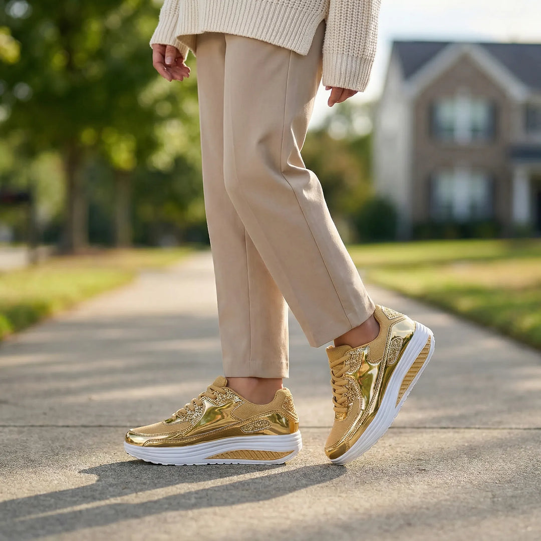 Damen Orthopädischer Sneaker Leonora in Gold, bequemer Freizeitschuh für Fußgesundheit und eleganten Alltagskomfort.