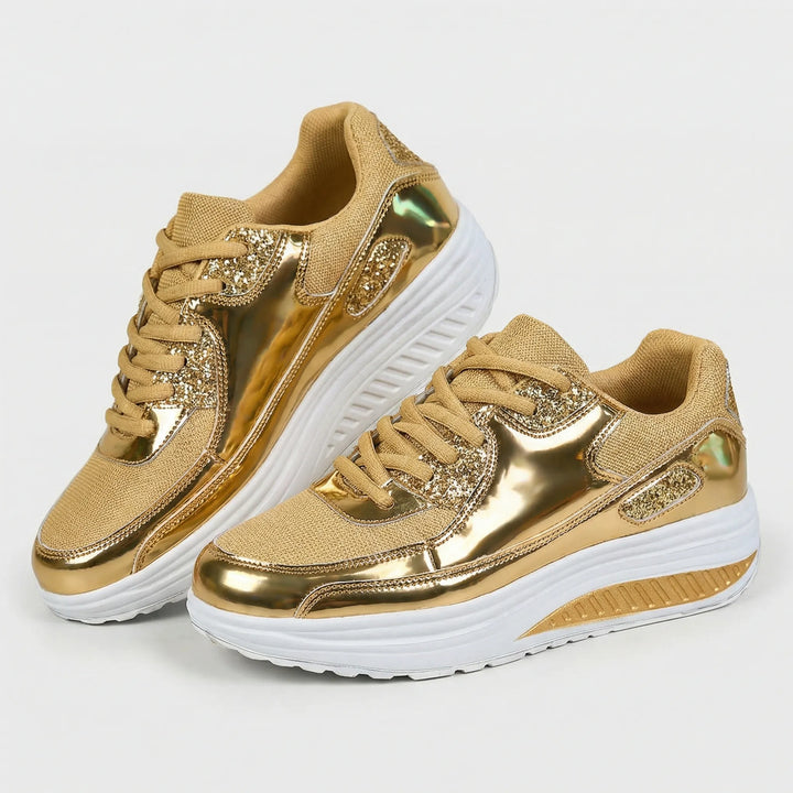 Gold-silberner Damen Orthopädischer Sneaker Leonora, der ideale Komfortschuh für Fußgesundheit und eleganten Freizeitlook.