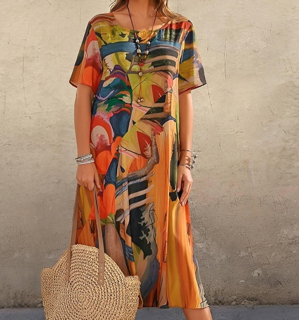 Bequemes Sommer-Freizeitkleid für Damen im Relaxed Fit mit modischem Statement-Print und kurzen Ärmeln.
