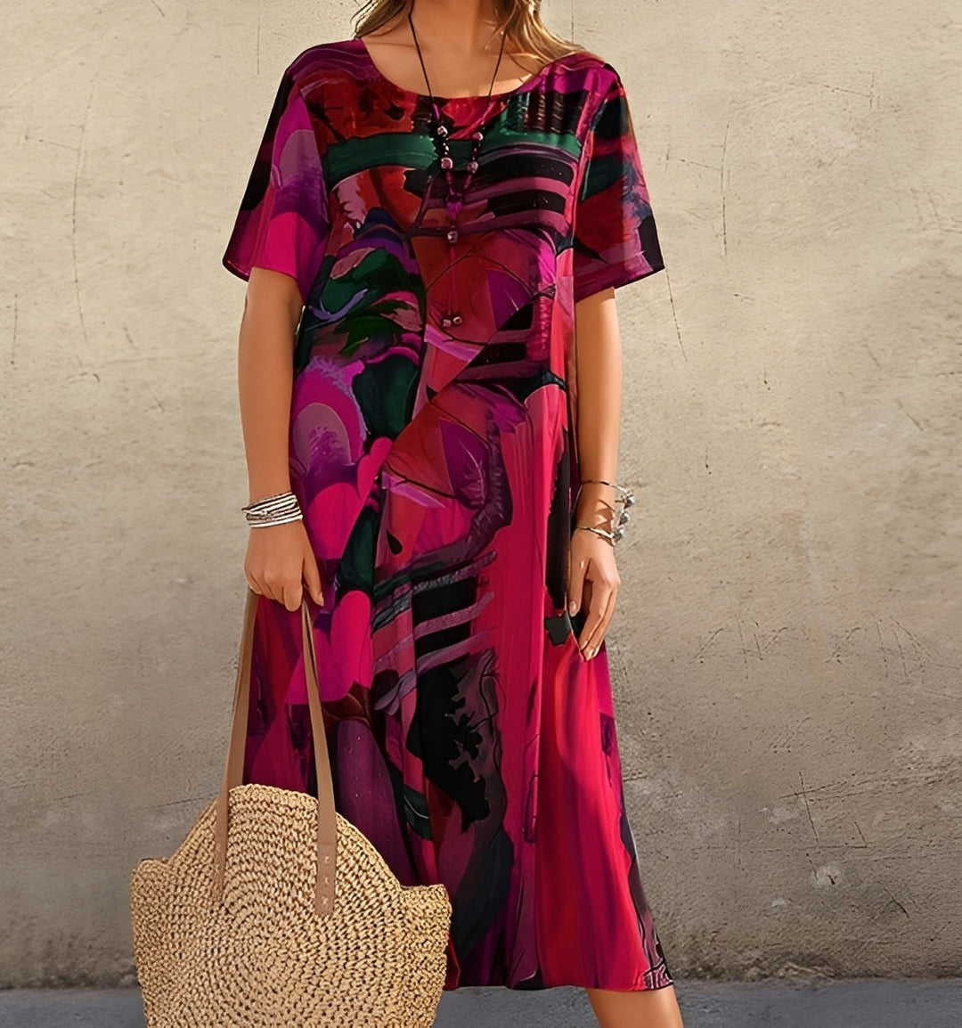 Stilvolles Damen Kurzarm-Midikleid mit lockerem Schnitt und einzigartigem Statement-Print; ideal für Freizeit.