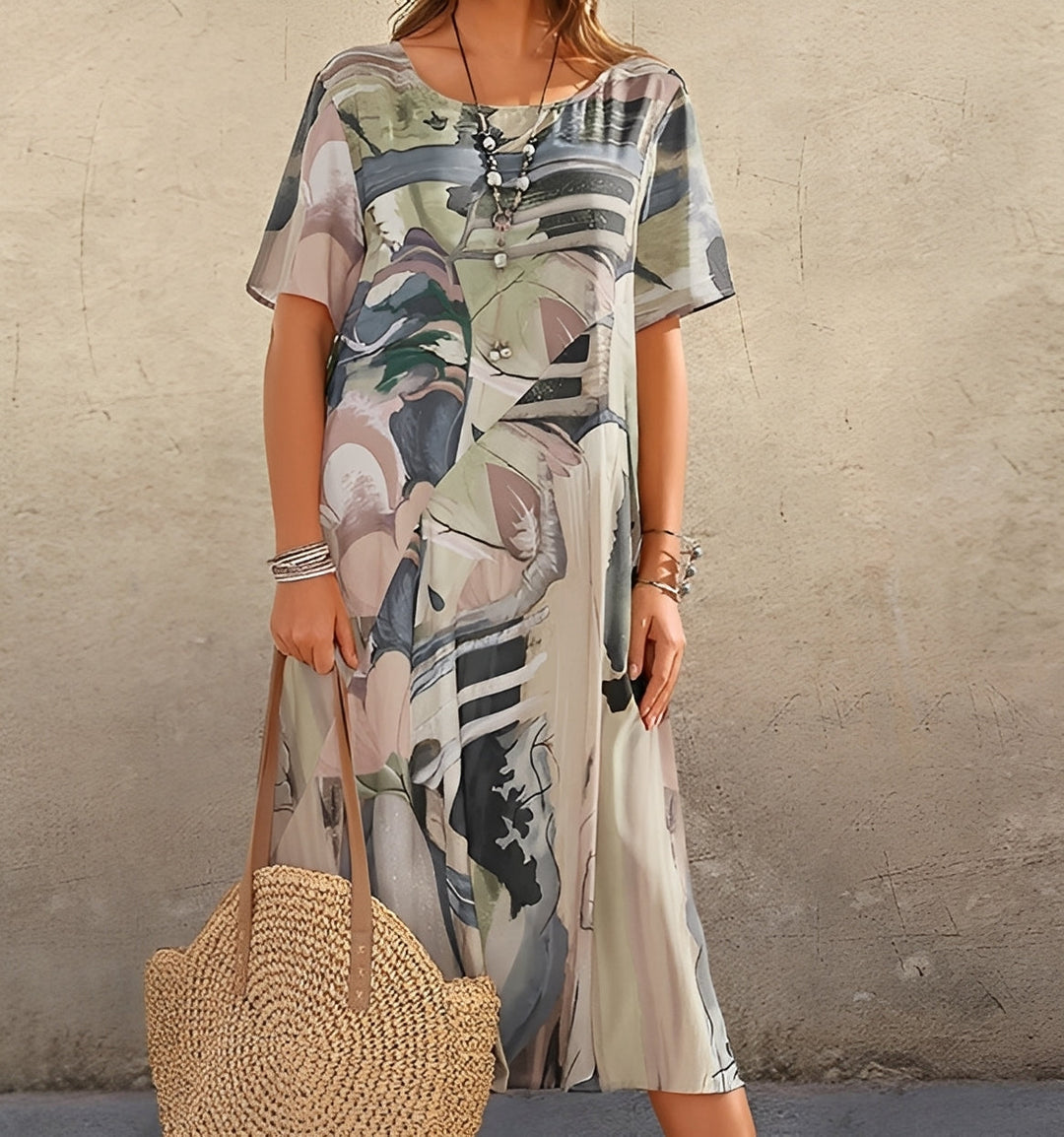 Lockeres Damen Midi-Kleid mit auffälligem Statement-Print und kurzen Ärmeln für stilvollen Alltagskomfort.