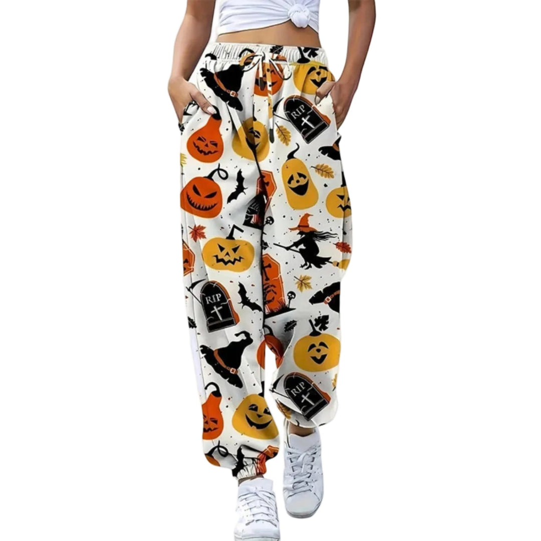 Weiche, bequeme Damen Halloween Freizeithose mit elastischem Bund und gruseligen Kürbis-Gespenster-Prints; locker & modisch.