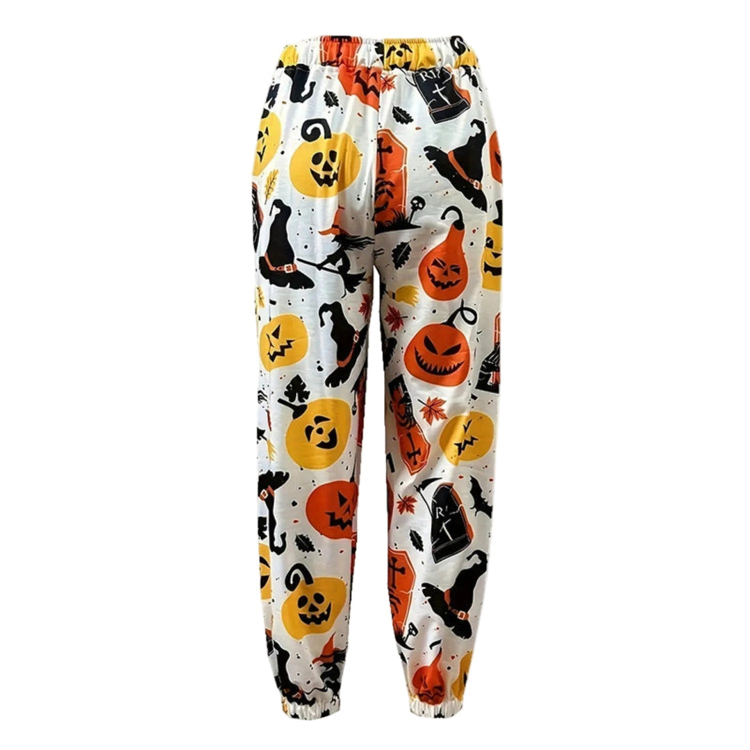 Bequeme Damen Halloween Jogginghose mit lockerem Schnitt und gruseligem Kürbis-Gespenster-Muster für Herbst & Freizeit.