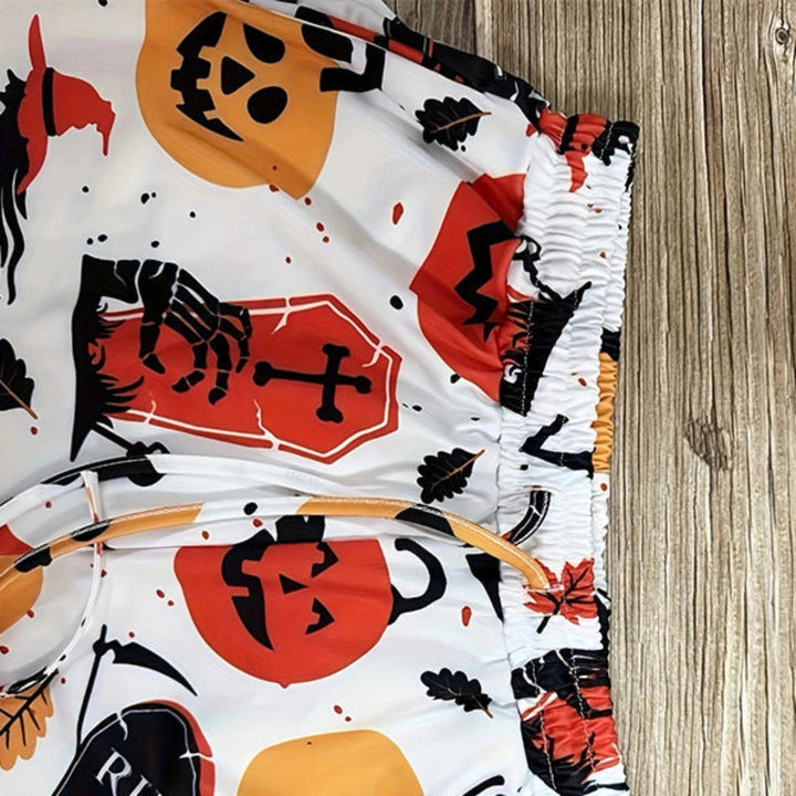 Damen Halloween Jogginghose in Schwarz mit bunten Gruselmotiven, perfekt für gemütliche Abende oder die Themenparty im Herbst.