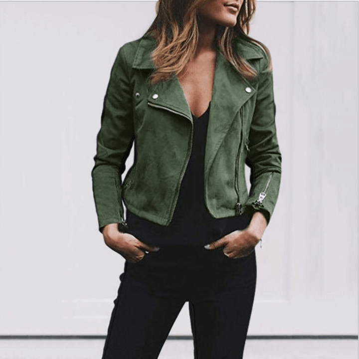 Elegante Damen Slim Fit Bikerjacke in Schwarz, perfekt für einen modernen Motorrad-Look im Frühling und Herbst.
