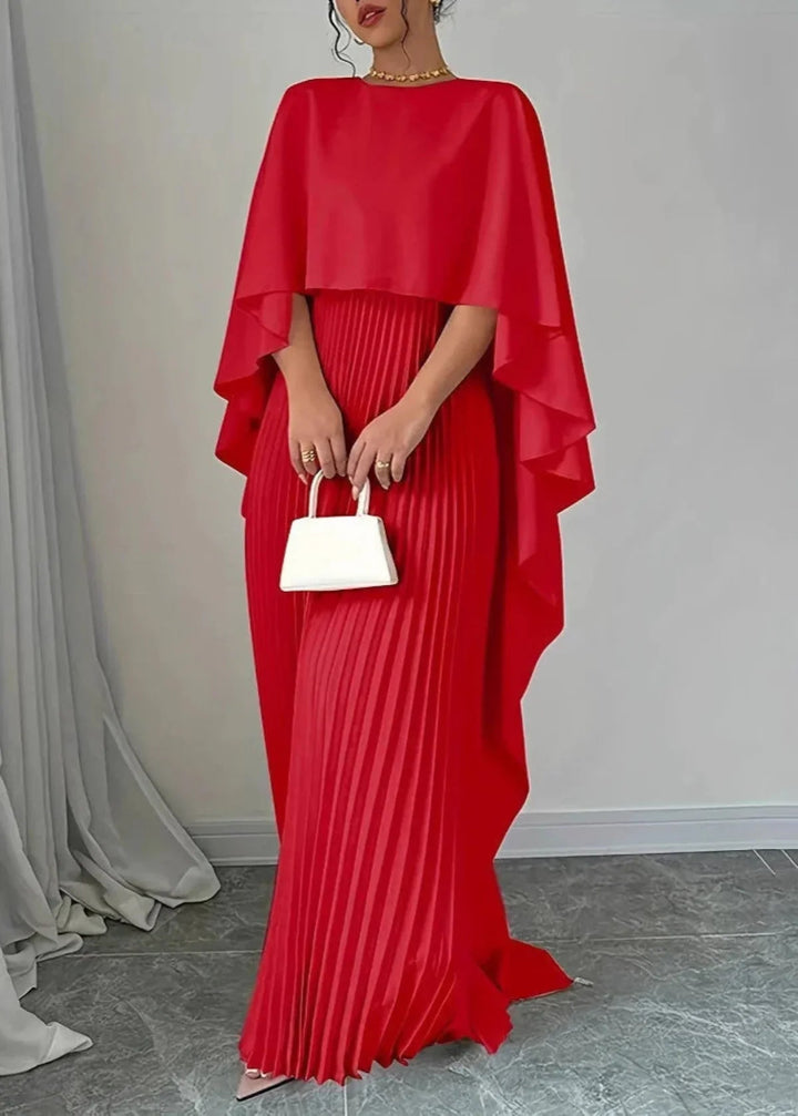 Festliches Maxikleid für Damen: elegantes Plissee-Design mit zartem Cape. Perfekte Abendmode für Gala und Feiern.