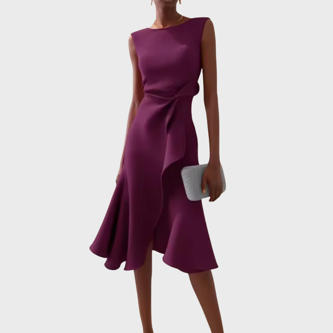 Frontansicht: Elegantes drapiertes Damen Midikleid, ideal für festliche Events.
