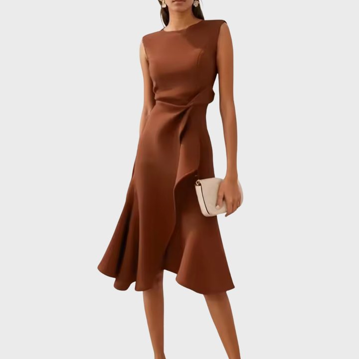 Ganze Figur: Elegantes drapiertes Damen Midikleid, perfekt für Abend und Party.